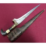 Indo-Persian dagger with triangular form tapering 9 1/2 inch blade with etched detail, the grip with