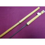 19th/20th C malacca walking cane sword stick with 24 inch tri-form blade and turned ivory cane top