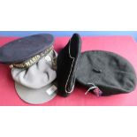 French libre beret and enamel cap badge, German style black and white piped edge side cap, East