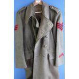 c.WWII British Army overcoat with sergeants stripes, brass stripes and brass buttons