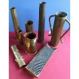 Collection of trench art and shell casings, including vases, jugs, etc 18pr 1916 case converted to a