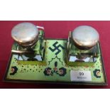 Rectangular double inkwell desk stand with two cut glass inkwells, the silver plated tops with