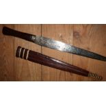 African tribal dagger with 12 inch double edged blade, leather bound grip and sheath