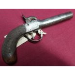 Percussion cap converted from flintlock pocket pistol with 2 3/4 inch barrel and checkered grip