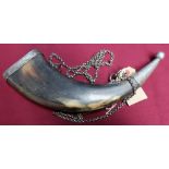 19th C Scottish style flattened cows horn powder flask with silver hallmarked mounts, lacking base
