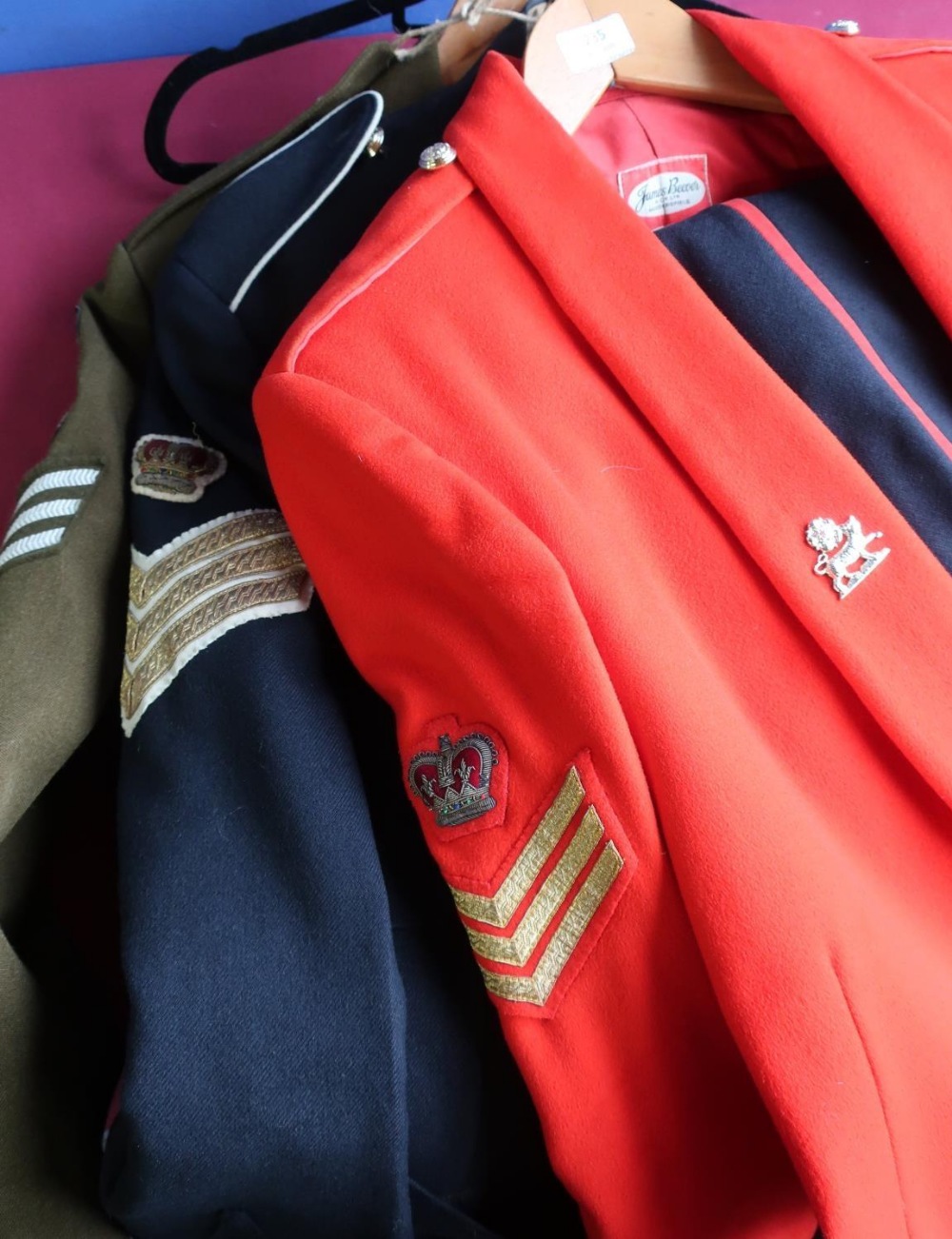 Group of Royal Anglian British military uniforms for a colour sergeant including mess kit, number