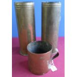 Pair of French artillery shells, one with engraved trench art floral pattern detail dated 1917,