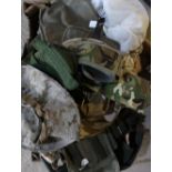 Selection of various military pouches, webbing pouches, desert style camo hats, military overalls,