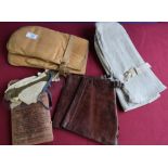 Pair of white leather military style mitts, another tan leather pair of mitts, cased pair of eye