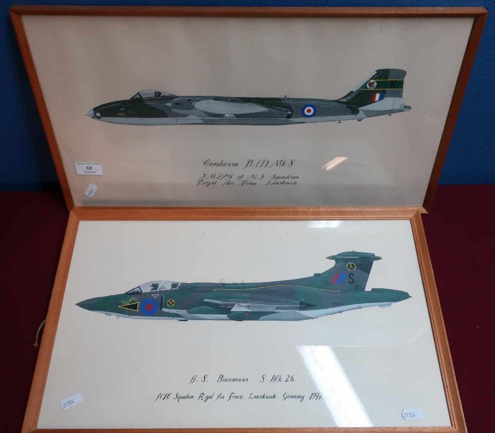Pair of framed paintings of military aircraft including a RAF Canberra and a RAF Buccaneer (2)