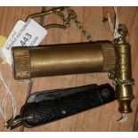 Royal Engineers gun oil cleaning bottle, military style twin bladed pocket knife and a brass