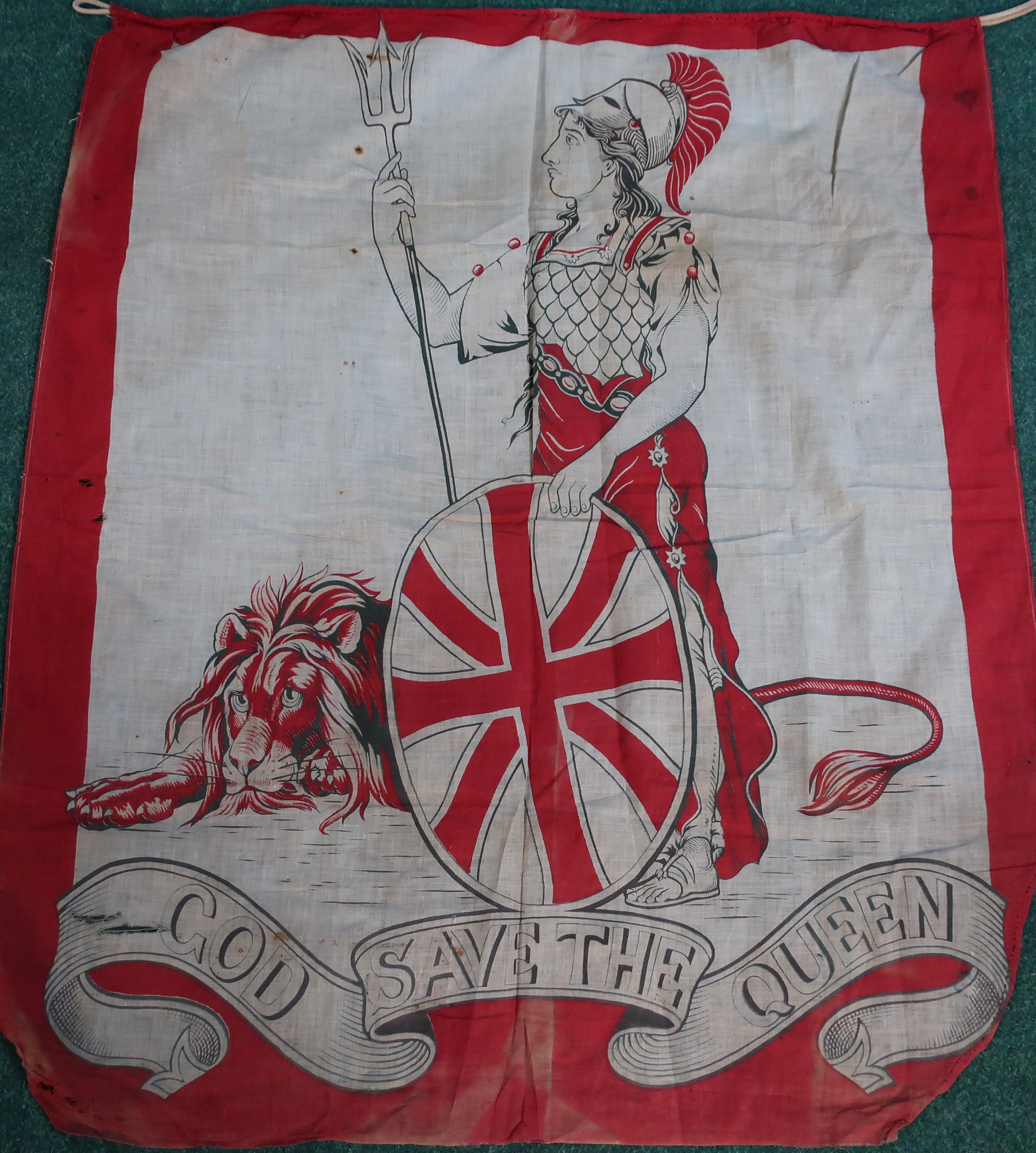 Victorian banner (75 x 87 cm) silk screen printed onto cotton/linen 'God save the Queen' with