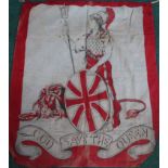 Victorian banner (75 x 87 cm) silk screen printed onto cotton/linen 'God save the Queen' with