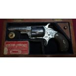 Small mahogany cased Hopkins & Allen Ranger No.2 .32 rimfire revolver, complete with cleaning rod,