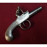 18th/19th C all steel bodied flint lock pocket pistol, with 1 1/4 inch turn off rifle canon