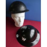 British steel WWII air wardens helmet (repainted) and another similar, complete with liner (2)