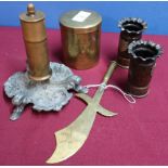 Group of various assorted trench art, including brass lidded pot with engraved detail, a pair of