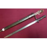 US Remington 1917 bayonet with two piece wooden grips, complete with leather scabbard and frog
