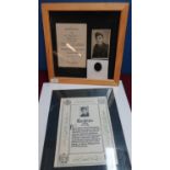 Framed and mounted photograph of German soldier with associated badge and 1944 military certificate,