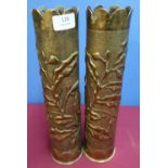 Pair of WWI trench art shell casings, decorated with oak leaves and acorns (height 35cm)