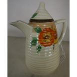 Clarice Cliff ribbed pattern coffee pot with painted floral detail (height 19cm)