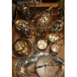 Box containing a large quantity of various assorted silver plated ware, including part tea services,