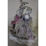 Large Meissen ceramic group of a courting couple on park bench with Cupid in a tree behind, the base