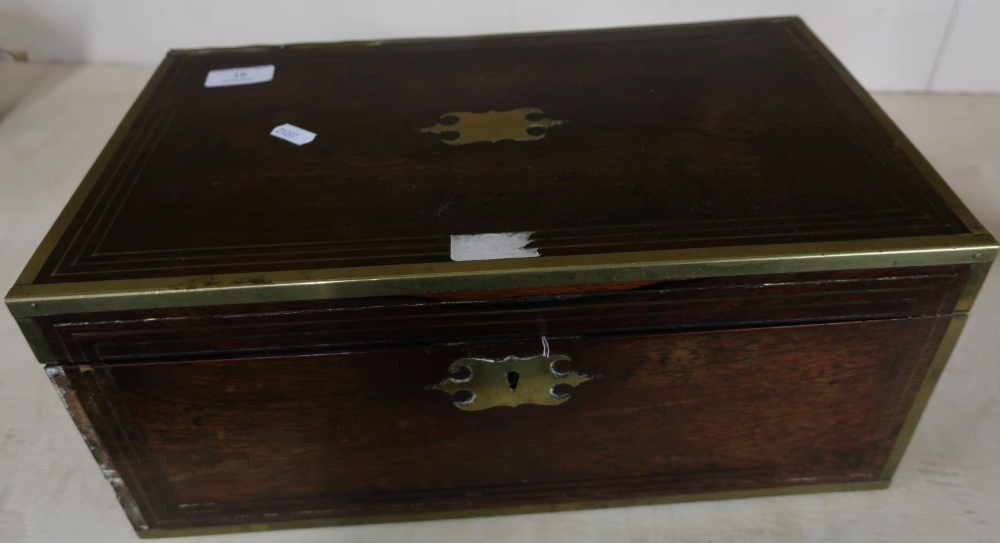 19th C rosewood brass inlaid travelling writing box with fitted interior and inset brass handles (