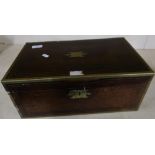 19th C rosewood brass inlaid travelling writing box with fitted interior and inset brass handles (