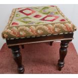 Victorian mahogany framed stool on turned supports and wool-work upholstered top (39cm x 39cm x