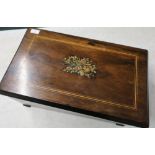 19th C rosewood inlaid cased musical table box with wind up cylinder movement and internal French