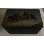 Rectangular lacquered table box, lift up lid with painted Russian style horse sleigh scene (16.5cm x