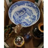 Large blue and white Spode bowl, studio-ware glass animals, Royal Doulton stoneware vase etc