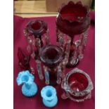 Pair of Victorian ruby glass lustre's, a large glass lustre, other cranberry ware and glassware in