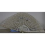 Early 20th C Ivory spined and silk-work ladies fan