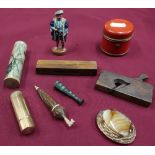 Small pocket spirit level, brooches, miniature woodworking plane, travelling inkwell etc