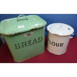 Vintage green enamel bread bin and similar blue & white enamel flour bin (2)