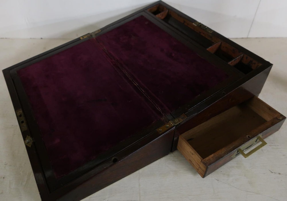 19th C rosewood brass inlaid travelling writing box with fitted interior and inset brass handles ( - Image 2 of 2