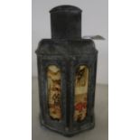 Chinese metal and glazed panelled decorative tea caddy (height 18cm)