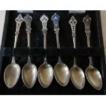 Cased set of six similar silver and enamel spoons by Marius Hammer, stamped 830