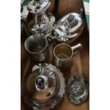 Part silver plated tea set, various tankards, continental pressed silver plated dish etc