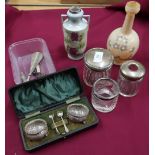 Chester silver hallmarked top dressing table jar, two other similar, two decorative vases, cased