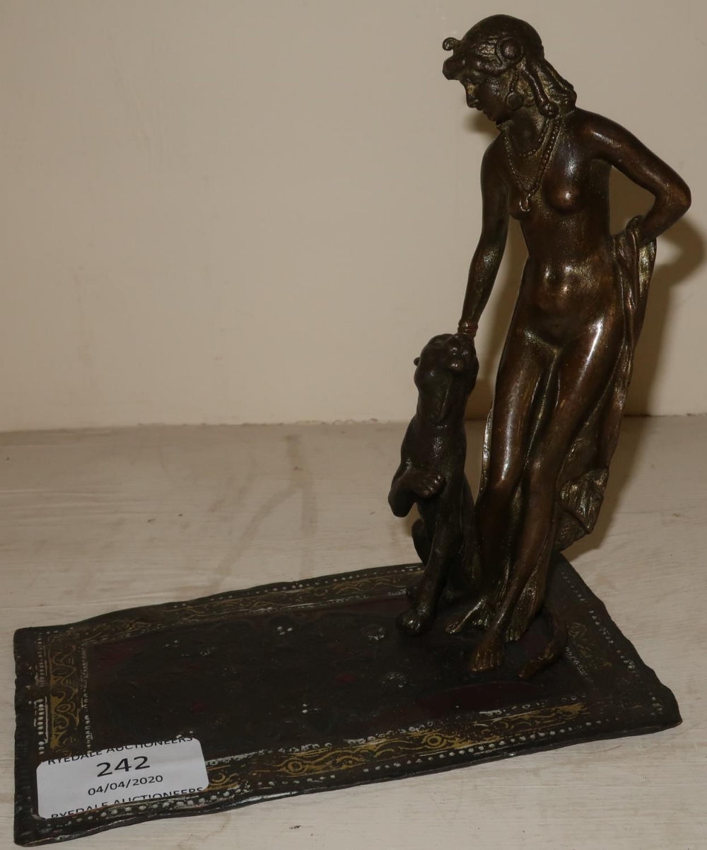 Bergman Art Deco style bronze figure of a naked lady with leopard on Persian style rug (height