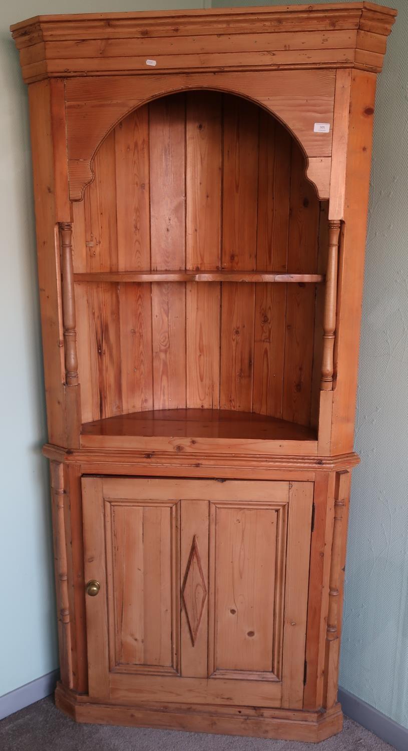 19th C style pine barrel back corner unit, with two tier upper open section above two panelled