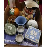 Selection of various blue and green Wedgwood jasperware and other ceramics in one box