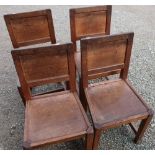 Set of four Yorkshire oak 'Lizard Man' dining chairs with solid panelled seats and backs, and H