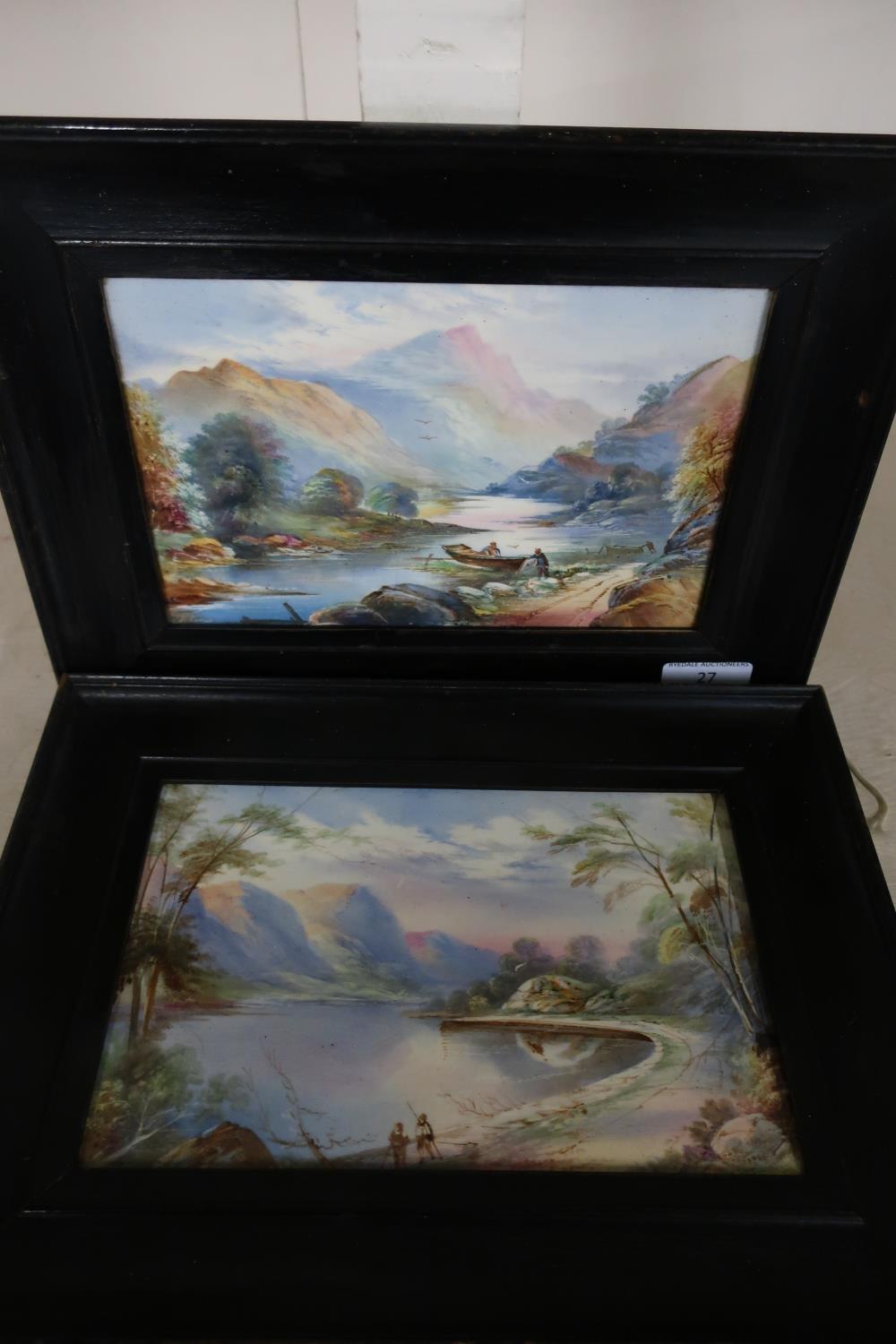 Pair of framed oil on porcelain plaques depicting mountainous landscape scenes, faintly signed lower