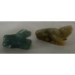 Chinese carved stone figure of a water buffalo (length 6cm) and another similar carved green stone