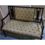 Edwardian mahogany inlaid two seat settee with upholstered seat and back, on square tapering