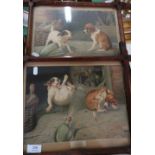 Pair of early 20th C comical coloured prints of dogs, Cause and Effect, in oak frames